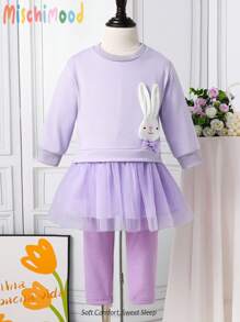 Ensemble de vêtements à domicile pour bébés filles avec série violette, robe à manches longues en maille brodée avec un lapin mignon et leggings décontractés
