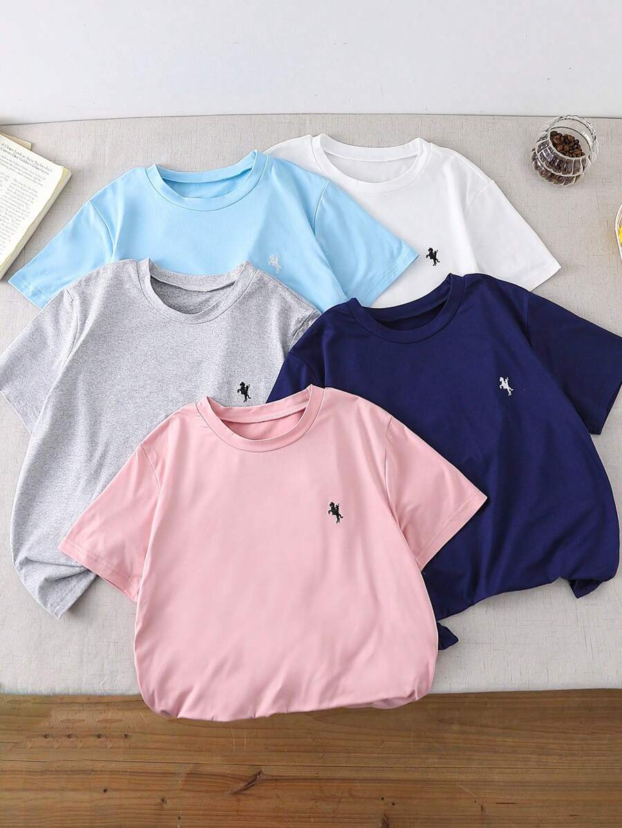SHEIN 5 件男童刺绣短袖圆领 T 恤，颜色：海军蓝、粉色、白色、灰色、浅蓝色
