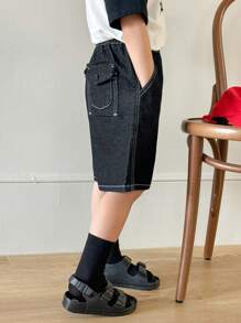 DAZY 年轻男孩松紧腰口袋简约休闲牛仔短裤 - 黑色 - 查看 6