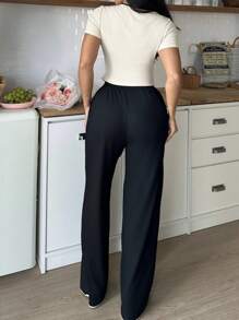 Snug Zone 2pcs Women Contrast Color Trim Short Sleeve Top And Long Pants Home Wear Set Holiday Season Outfit - Multicolor - View 2