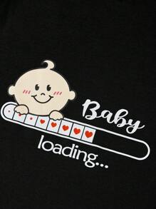 SHEIN Maternity 1pc Letter & Footprint Print Short Sleeve Slim Pregnant Women T-Shirt, Cotton - Black - View 6