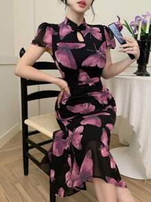 DAZY Chinese Style Floral Print Stand Collar Mid-Long Dress For Women, Festival/Valentine's Day Prom Dress Elegant Women Dresses - Pink - View 8