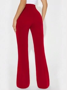女士纯色纽扣系带直腿办公室工作裤，优雅 - 紅色 - 查看 3