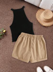 CosyJoli Abiti da donna taglie forti per la nuova moda estiva, vacanze in spiaggia, vacanze tropicali, carnevale, rave, festival, casual business, casual da spiaggia, estivi da donna per vacanze, casual da pendolare, top nero a canotta e pantaloncini, completo due pezzi - Multicolore - Visualizzare 2