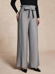 SHEIN Unity Women's Ruffled Waist Wide Leg Striped Tie Waist Pants Fall Cloth For Women - Grey - View 5