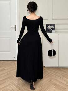 DAZY Women's Elegant Solid Color Waist Cinched Dress,Casual Women Dresses,Fall Clothes - Black - View 7