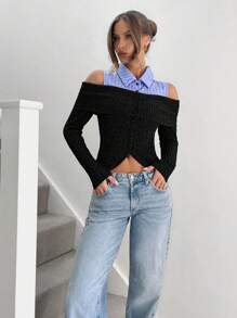 SHEIN Essnce Women's Autumn Striped Patchwork Open Shoulder Long Sleeve Fitted Top - Black - View 4