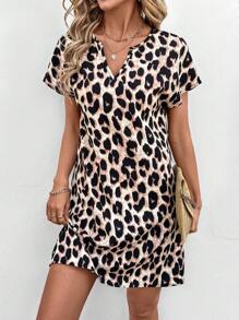 SHEIN LUNE V-Neck A-Line Dress With Vintage Leopard Print, Casual Vacation Elegant Street Wear Mini Dress For Women,Vacation Outfits Women - Multicolor - View 4