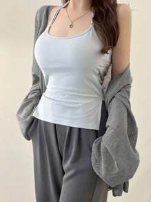 DAZY 1pc Women Solid Color Loose Fit Bell Sleeve Cardigan Sweater Tee, Spring/Summer/Autumn