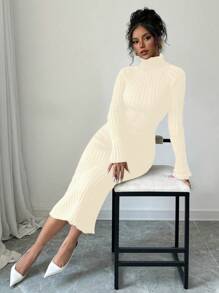 SHEIN Unity High Neck Fitted Knit Sweater Dress, Casual Solid Color, Autumn/Winter - Apricot - View 4