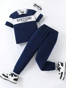 SHEIN Playful Pals Young Boy 2 Pieces Set: Colorblock Letter Graphic Print Polo Shirt & Navy Blue Pants, Casual School Style Perfect For Spring, Autumn And Summer Everyday Wear