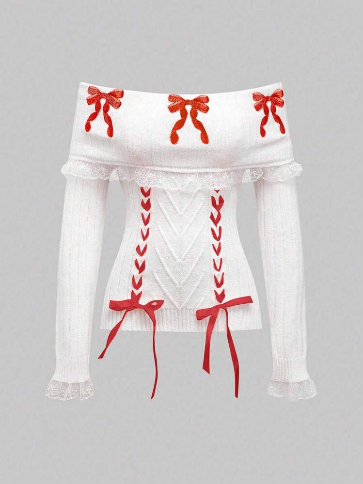 ROMWE Kawaii Pull femme romantique et mignon avec nœud, ruban et dentelle, épaules dénudées