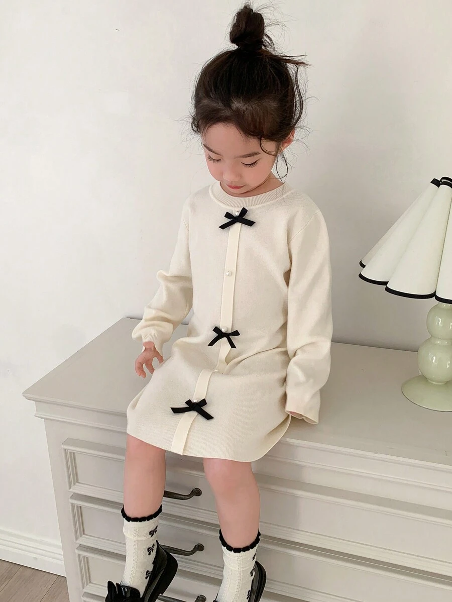 DAZY Young Girl Knitted Sweater Dress, Autumn - White - View 1