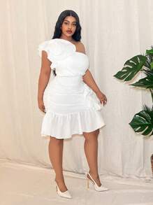 Plus Size Women's Elegant Sleeveless One Shoulder Ruffle Patchwork Textured Mini Dress, Suitable For Party, Date, Valentine's Day, Vacation - White - View 5