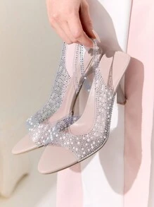 CUCCOO CHICEST 尖头细高跟水钻和人造珍珠装饰女士高跟凉鞋，露趾，时尚性感派对鞋春季鞋