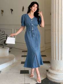 DAZY 女士 V 领短袖鱼尾牛仔连衣裙 - 中等水洗藍 - 查看 4