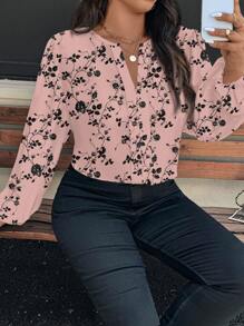 Reflora 大码花卉图案休闲优雅圆领长袖衬衫，适合春秋季节