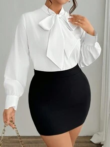 Elenzga 大码纯色时尚休闲蝴蝶结长袖基本款衬衫，春秋 - 白色 - 查看 4