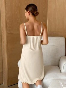 Livesso Camicia da notte comoda in maglia a costine con inserti in pizzo e blocchi di colore, per uso domestico e pigiama - Beige - Visualizzare 2