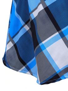 SHEIN 2pcs Set: Young Girls Plain Round Neck Puff Sleeve Top And Plaid Mini Skirt With Hat - Blue - View 6