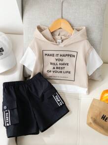 SHEIN 2pcs/Set Tween Boy Beige Summer Streetwear School Back-To-School Letter Print Oversized Hooded T-Shirt & Contrast Drawstring Cargo Shorts Set,Travel - Khaki - View 5