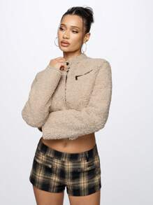 SUMWON WOMEN Luxury Teddy Bear Crop Moto Jacket Cozy Sherpa Winter Fashion Casual Streetwear Short Coat With Zip Pockets StAnd Collar Fall Outerwear