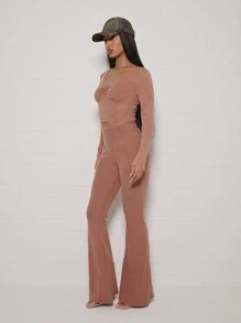 SUMWON WOMEN 罗纹针织紧身胸衣风格长袖短款上衣精致 V 领修身派对俱乐部装晚间休闲约会夜时尚上衣 - 咖啡棕 - 查看 4