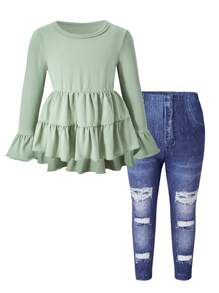 Young Girls 2 Pieces Set, Fashionable Outdoor Hoodie Top With Round Neck & Bell Sleeves + Denim Ankle-Length Pants - Multicolor - View 3