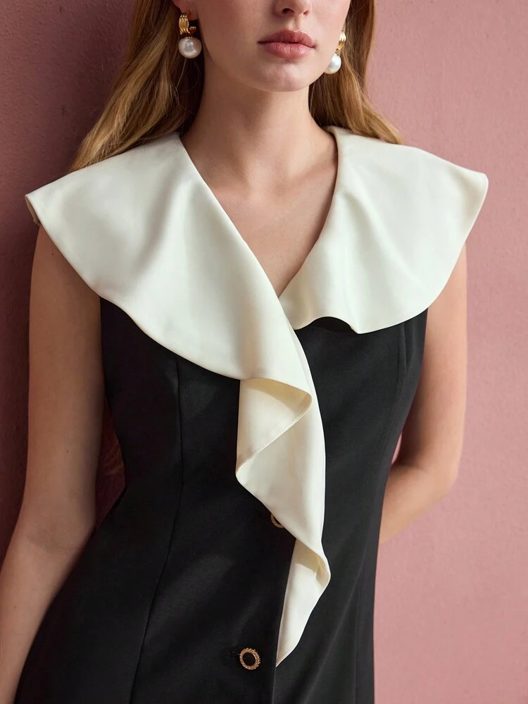 CONTRAST COLORBLOCK STATEMENT COLLAR BUTTON UP MIDI DRESS