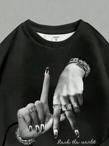 2pcs/Set Teen Girls Casual LA Hand Gesture & Camouflage Print Fleece Lined Crew Neck Sweatshirt And Leggings Set