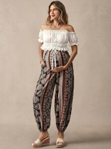 SHEIN 2pcs Maternity Solid Color Off Shoulder Short Sleeve Top & Pants Set