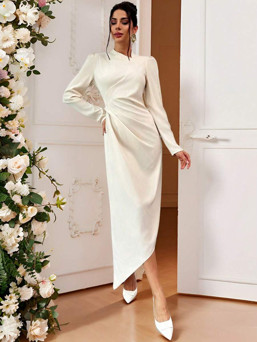 SHEIN Privé 杏色腰部扭纹不对称领长袖优雅长裙，适合日常穿着和通勤，情人节 - 杏色 - 查看 1