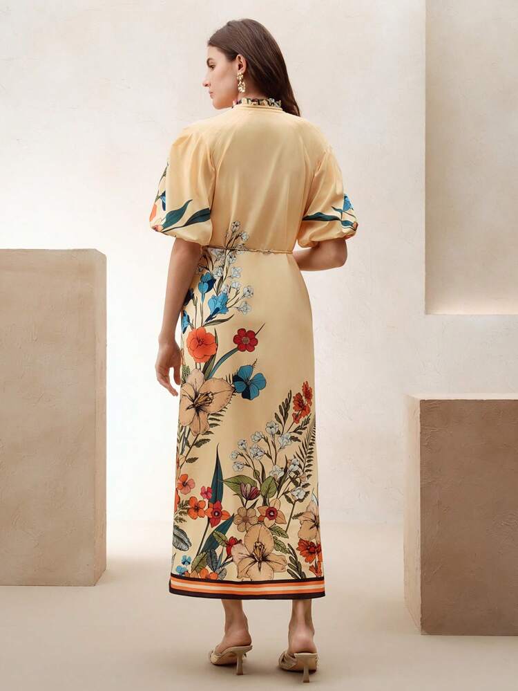 Women V-Neck Ruffle Lantern Sleeve Casual Floral Print Dress