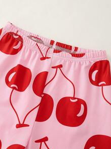 SHEIN Tween Girl Cherry Print Short Sleeve Top & Tight Fit Pants 2 Pieces Loungewear Set