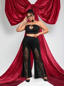 SHEIN ICON Pantalón acampanado de talla grande para mujer con cintura alta, parches y lentejuelas para fiesta