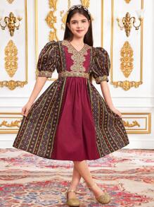 SHEIN Vestido de meninas para banquete elegante, lujoso y digno con cuello en V, cinta dorada, manga abullonada y bloque de color para Ramadán