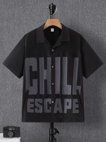 SHEIN Leap Crew 1 件青少年男孩春夏编织休闲短袖字母印花衬衫；春季服装；青少年男孩服装；青少年男孩夹克，春季开学 - 黑色 - 查看 1