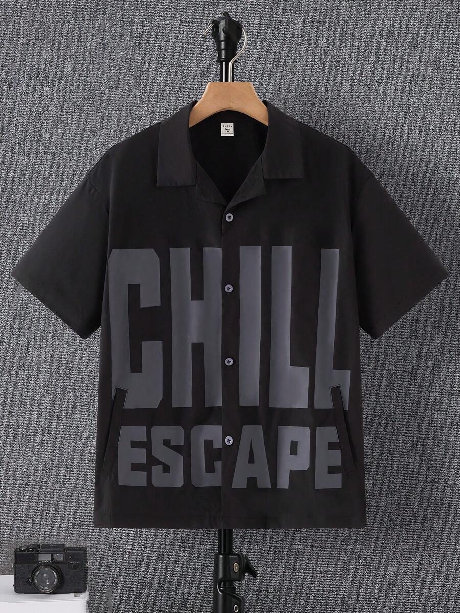 SHEIN Leap Crew 1 件青少年男孩春夏编织休闲短袖字母印花衬衫;春季服装;青少年男孩服装;青少年男孩夹克,春季开学 - 黑色 - 查看 1