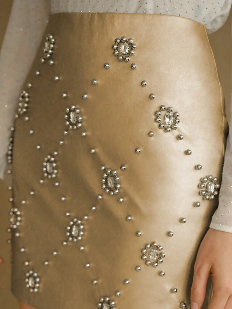 MOTF STUDIO BEADED & RHINESTONE DETAIL SKIRT