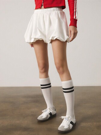 SHEINNeu 女士純色寬鬆泡泡褲短褲，彈性腰帶設計