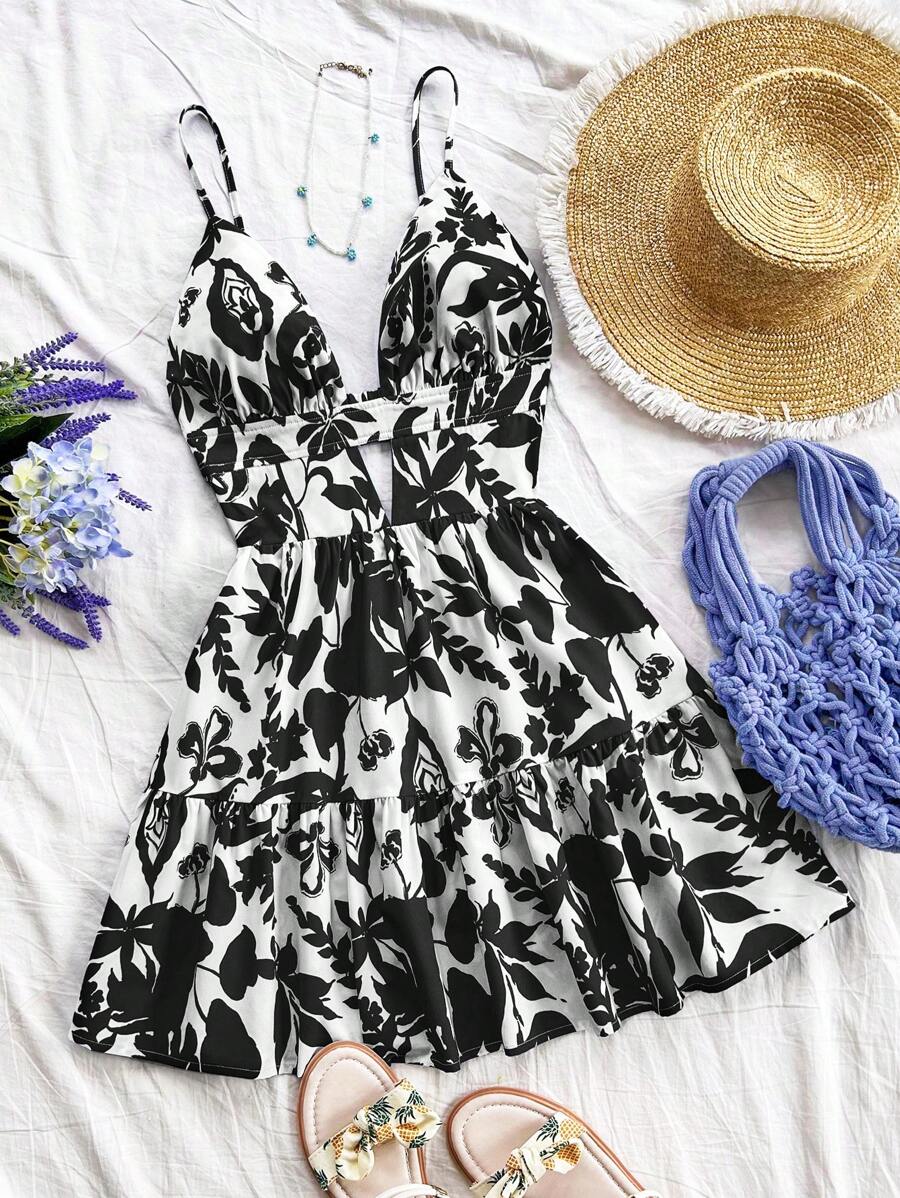 Soleia 女士花卉印花细肩带露背 A 字形迷你连衣裙，适合度假 - 黑與白 - 查看 1