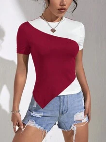SHEIN Essnce Casual Patchwork Asymmetrical Hem Short Sleeve T-Shirt