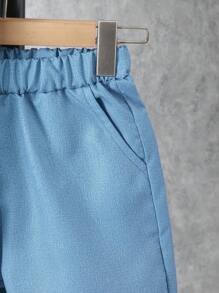 2 pièces Set Chemise casual patchwork et shorts effet denim pour garçons pré-adolescents, tenue d'été - Noir - Voir 3
