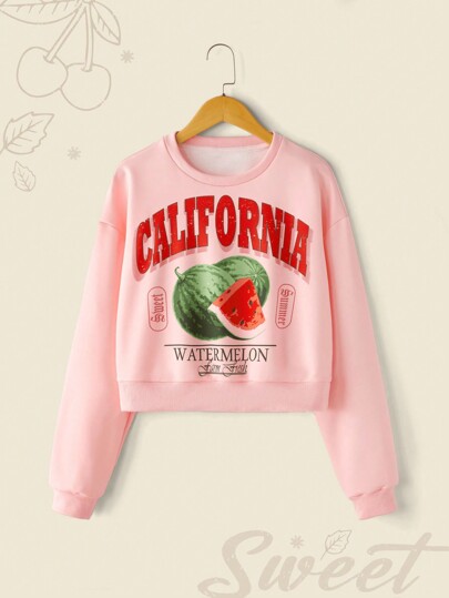 Teen Girl Letter & Watermelon Print Round Neck Dropped Shoulder Long Sleeve Casual Sweatshirt, Autumn/Winter