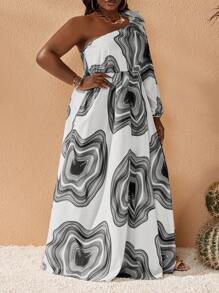 Slaydiva Plus Size Women Wood Grain Print Lantern Sleeve Casual Dress