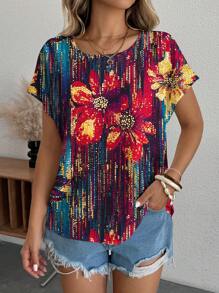 Glamance Warp Atelie Damen Buntes Blusen Set mit Rundausschnitt und kurzen Ärmeln, lässig einfarbig, florale Sommer Outfits für Damen Sommer Tops für Ausgehen