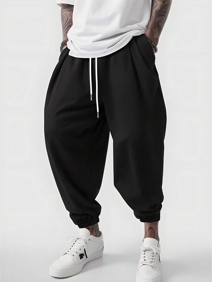 Manfinity Dauomo Men's Drawstring Waist Pockets Harem Loose Casual Pants, Baggy Pants, Fall - Black - View 1