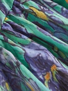 SHEIN MOD Women's Spaghetti Strap Tie Waist Floral Print Casual Mini Dress,Van Gogh Oil Painting Art<Irises>