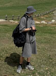 DAZY Summer Plain Gray Outdoor Short Sleeve Polo Shirt And Shorts Set For Men - Grey - View 5