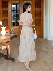DAZY Women's Elegant Flower All-Over Embroidered Puff Sleeve Dress Sundress - Beige - View 7
